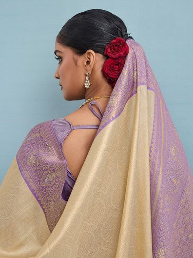Lovely Cream Color Kanjivaram Fabric Partywear Saree