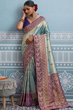 Lovely Aqua Color Kanjivaram Fabric Partywear Saree