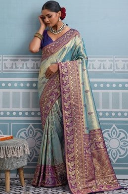 Lovely Aqua Color Kanjivaram Fabric Partywear Saree