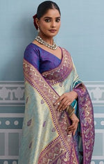 Lovely Aqua Color Kanjivaram Fabric Partywear Saree
