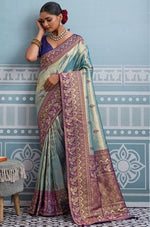 Lovely Aqua Color Kanjivaram Fabric Partywear Saree