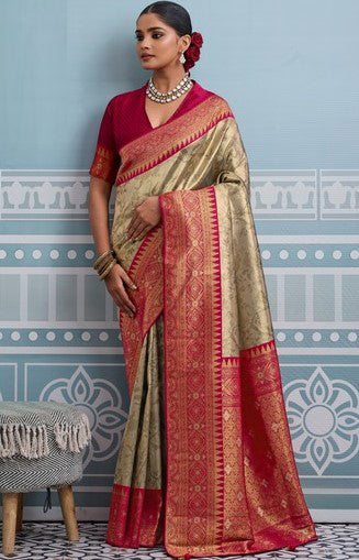 Lovely Beige Color Kanjivaram Fabric Partywear Saree