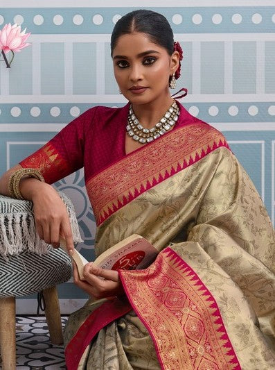 Lovely Beige Color Kanjivaram Fabric Partywear Saree