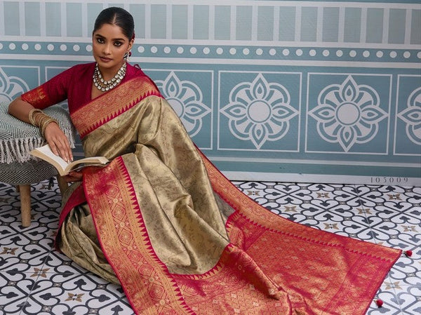 Lovely Beige Color Kanjivaram Fabric Partywear Saree