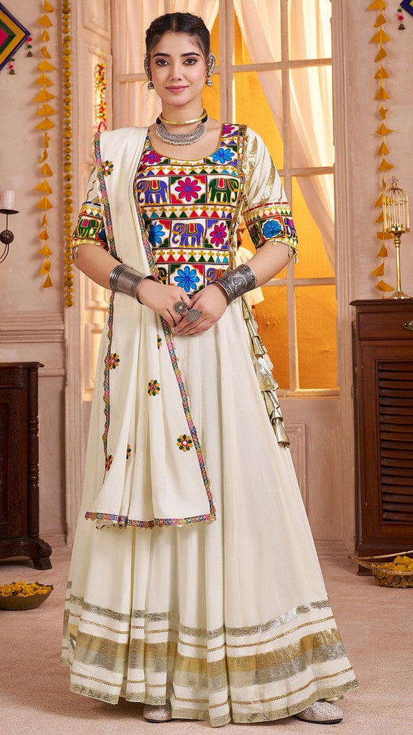 Beautiful Cream Color Viscose Fabric Party Wear Lehenga