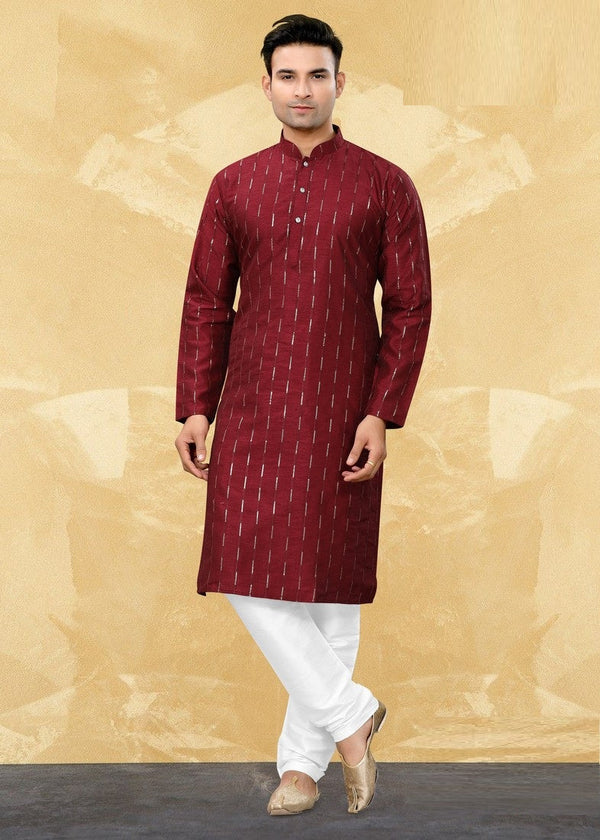 Dazzling Maroon Color Art Silk Fabric Kurta Pajama