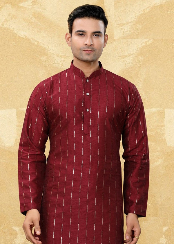 Dazzling Maroon Color Art Silk Fabric Kurta Pajama