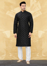 Dazzling Black Color Art Silk Fabric Kurta Pajama