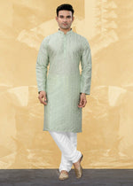 Dazzling Green Color Art Silk Fabric Kurta Pajama