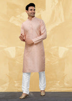 Dazzling Peach Color Art Silk Fabric Kurta Pajama