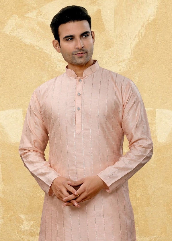 Dazzling Peach Color Art Silk Fabric Kurta Pajama