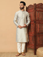 Impressive Silver Color Silk Fabric Kurta Pajama