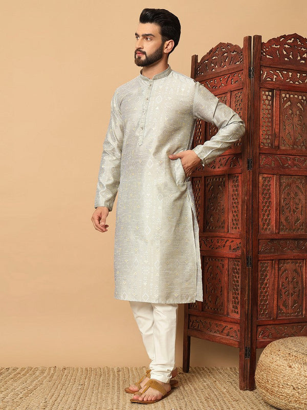 Impressive Silver Color Silk Fabric Kurta Pajama