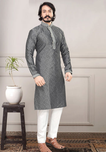 Dazzling Grey Color Jacquard Fabric Kurta Pajama