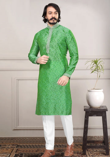 Dazzling Green Color Jacquard Fabric Kurta Pajama