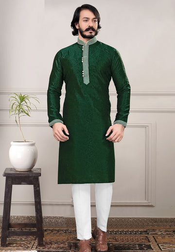 Dazzling Green Color Jacquard Fabric Kurta Pajama