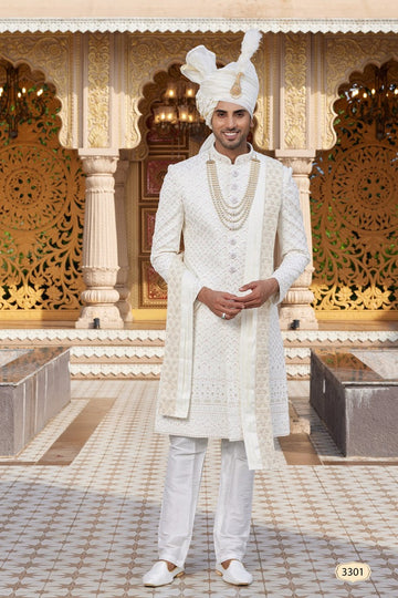 Elegant Cream Color Art Silk Fabric Sherwani