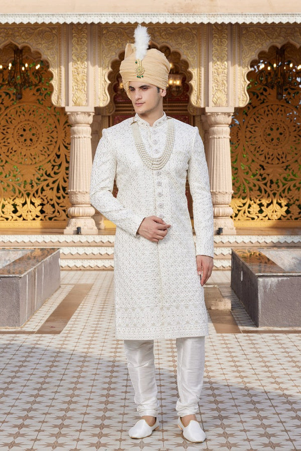 Elegant Cream Color Art Silk Fabric Sherwani