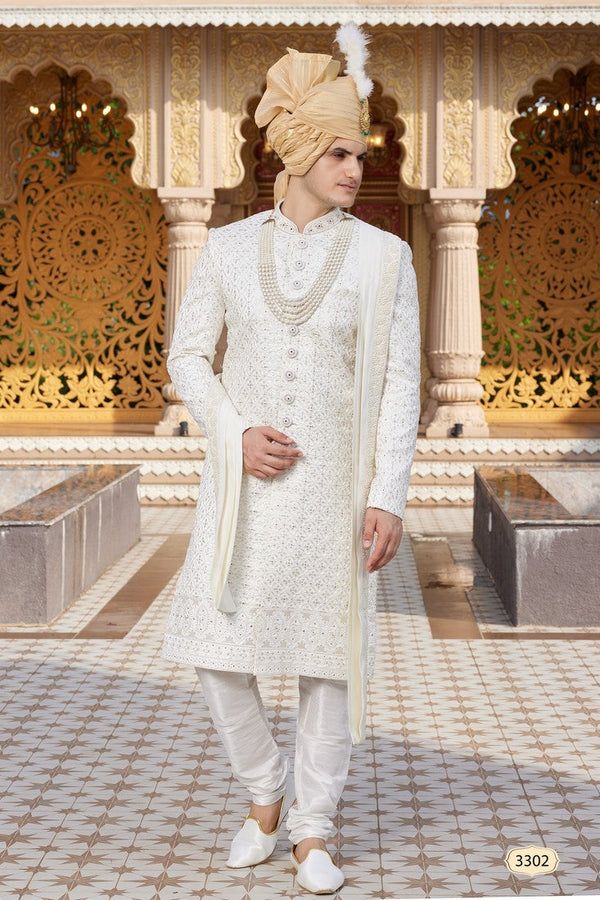 Elegant Cream Color Art Silk Fabric Sherwani