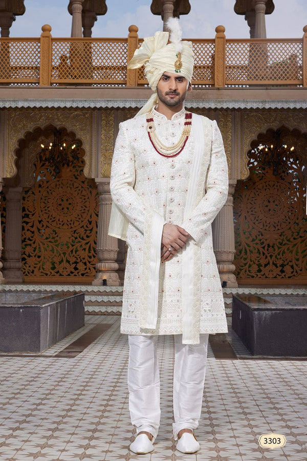 Elegant Cream Color Art Silk Fabric Sherwani