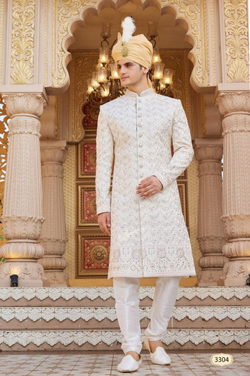 Elegant Cream Color Art Silk Fabric Sherwani
