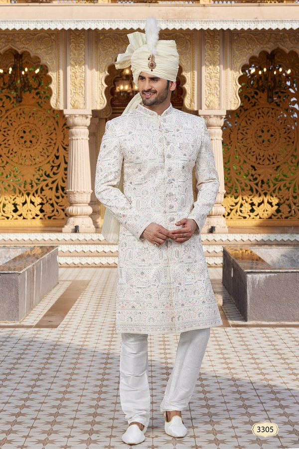 Elegant Cream Color Art Silk Fabric Sherwani