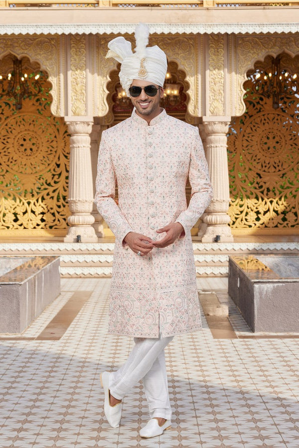 Elegant Peach Color Art Silk Fabric Sherwani