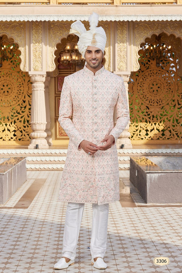 Elegant Peach Color Art Silk Fabric Sherwani
