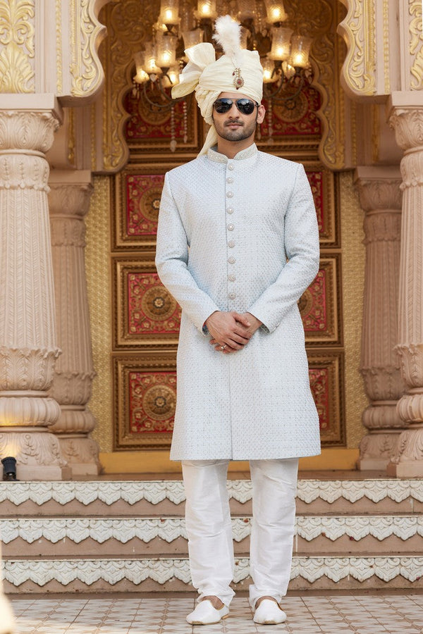 Elegant Grey Color Art Silk Fabric Sherwani