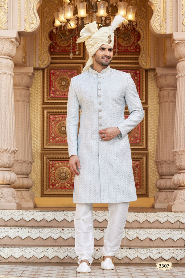 Elegant Grey Color Art Silk Fabric Sherwani