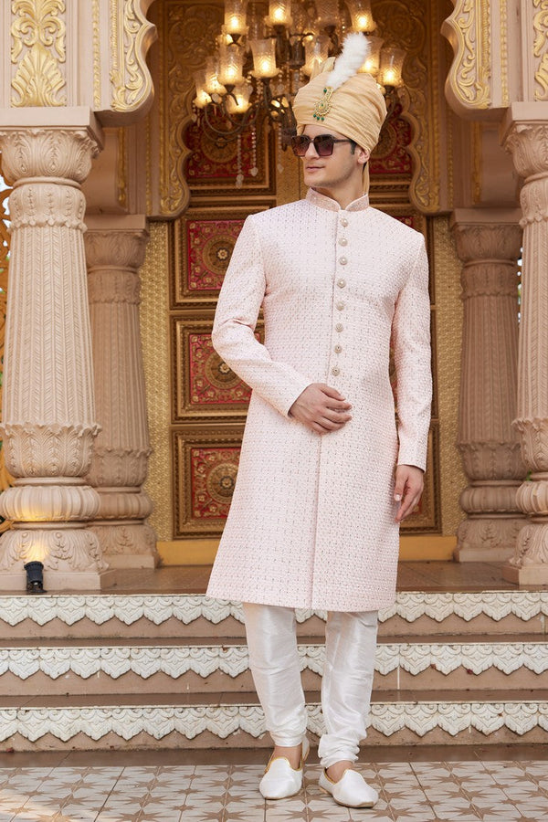 Elegant Peach Color Art Silk Fabric Sherwani