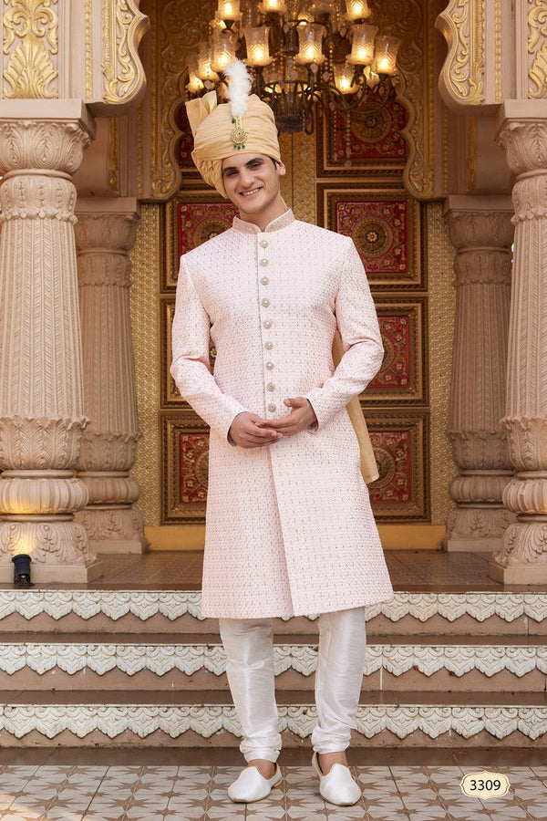 Elegant Peach Color Art Silk Fabric Sherwani