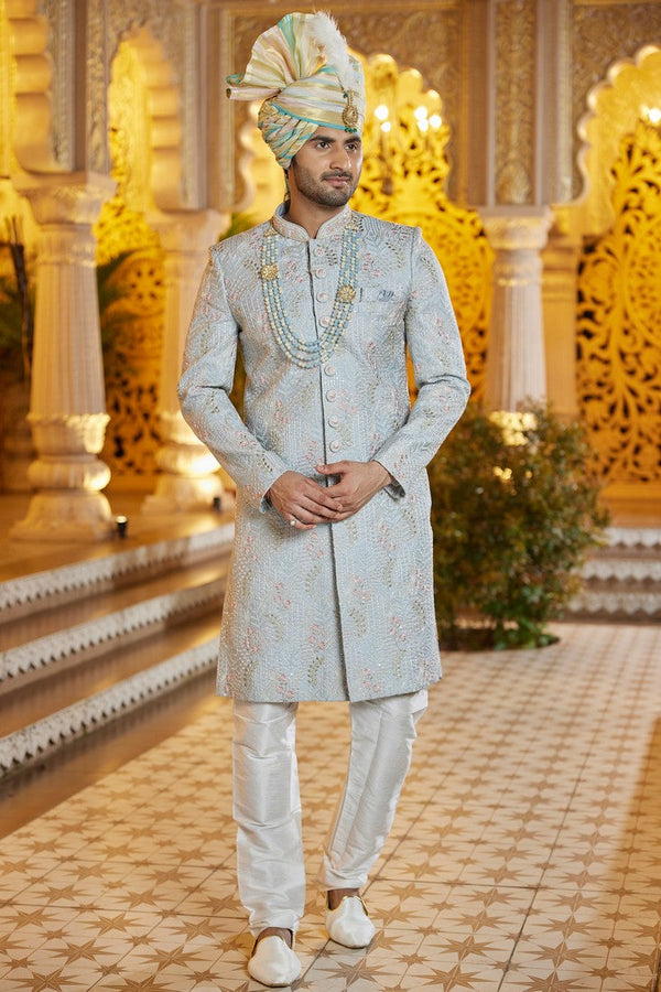 Elegant Grey Color Art Silk Fabric Sherwani