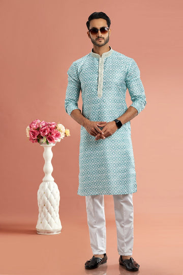 Elegant Aqua Color Cotton Fabric Kurta Pajama