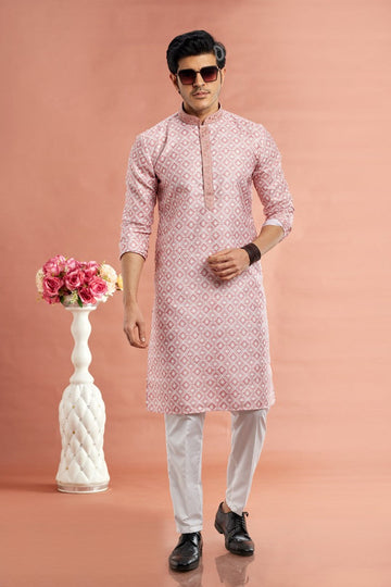Elegant Pink Color Cotton Fabric Kurta Pajama