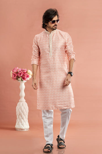 Elegant Peach Color Cotton Fabric Kurta Pajama
