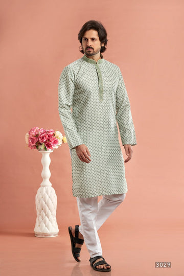 Elegant Green Color Cotton Fabric Kurta Pajama