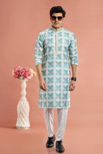 Elegant Turquoise Color Cotton Fabric Kurta Pajama