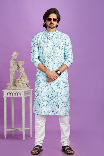 Elegant Aqua Color Linen Fabric Kurta Pajama