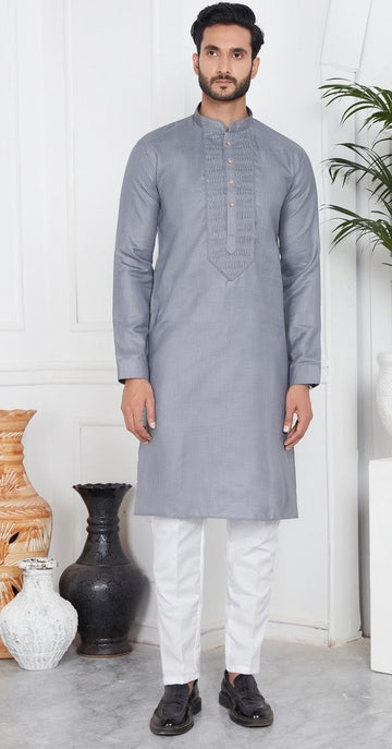 Elegant Grey Color Linen Fabric Kurta Pajama