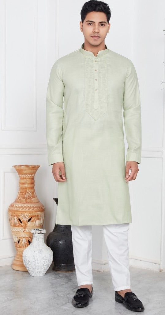 Elegant Green Color Linen Fabric Kurta Pajama