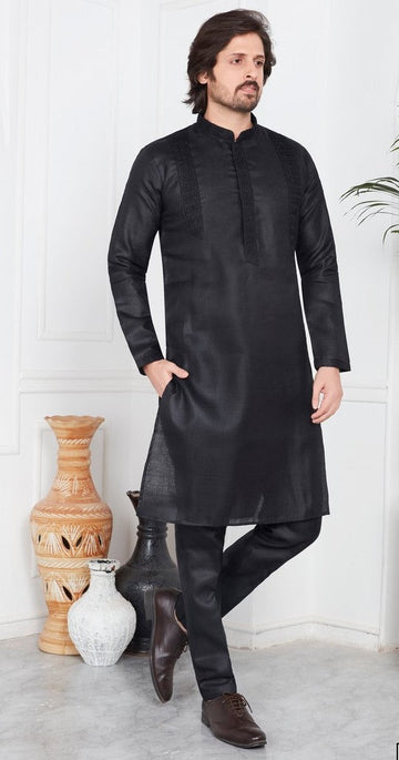 Elegant Black Color Linen Fabric Kurta Pajama