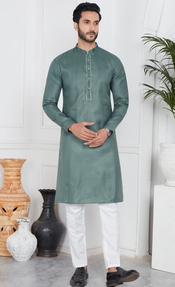 Elegant Green Color Linen Fabric Kurta Pajama