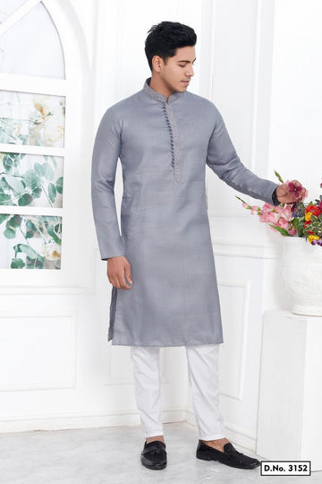 Dazzling Grey Color Linen Fabric Kurta Pajama