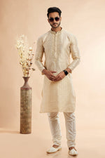 Amazing Beige Color Jacquard Fabric Kurta Pajama