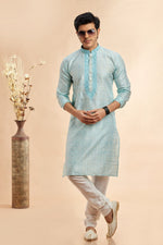 Amazing Aqua Color Jacquard Fabric Kurta Pajama