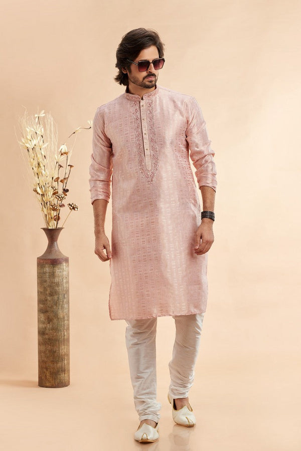 Amazing Peach Color Jacquard Fabric Kurta Pajama