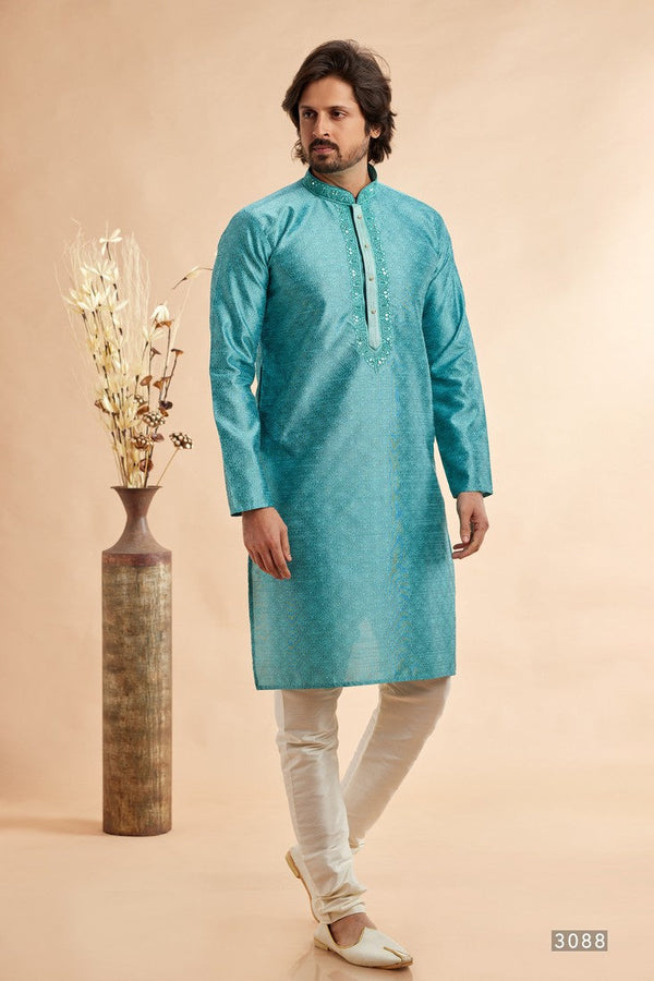 Amazing Turquoise Color Jacquard Fabric Kurta Pajama
