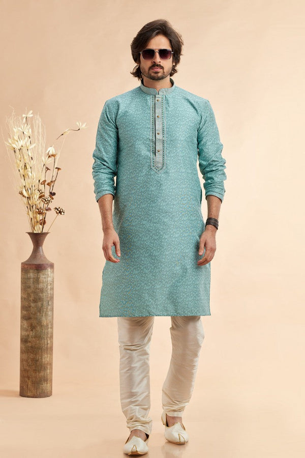 Amazing Aqua Color Jacquard Fabric Kurta Pajama