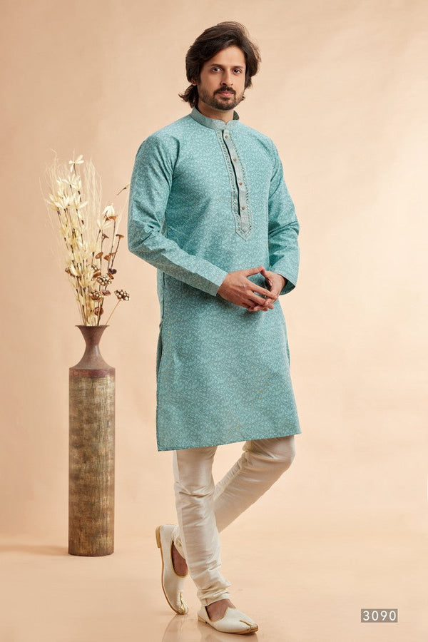 Amazing Aqua Color Jacquard Fabric Kurta Pajama